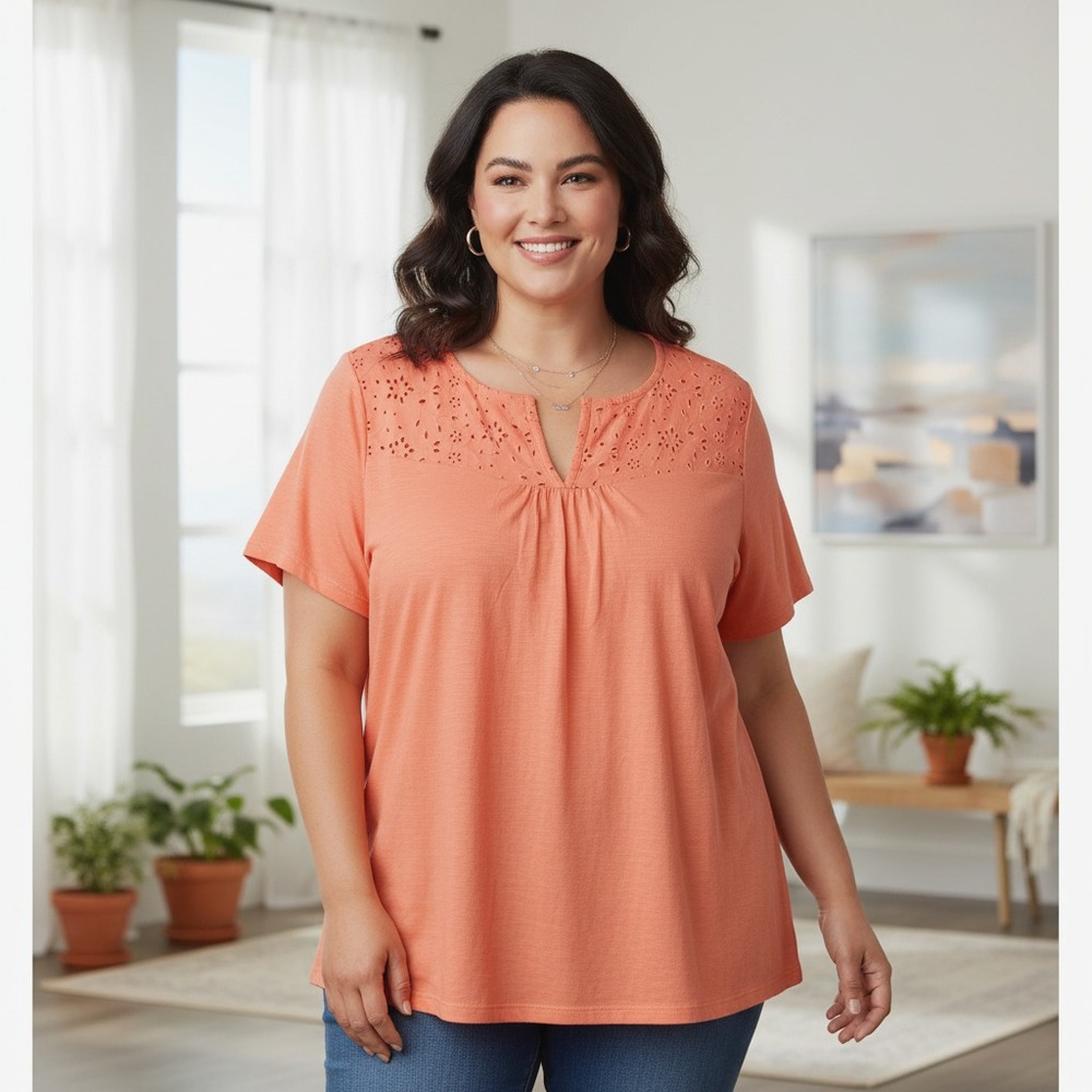 Kim‎ Rogers 3X Tee Top Coral Lace Eyelet Casual SS Coastal Summer Resort Beach